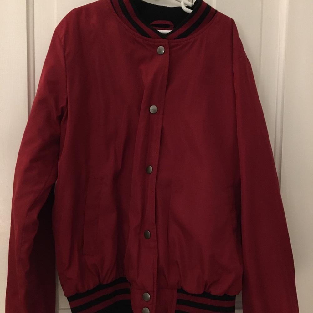 dark red button up bomber jacket